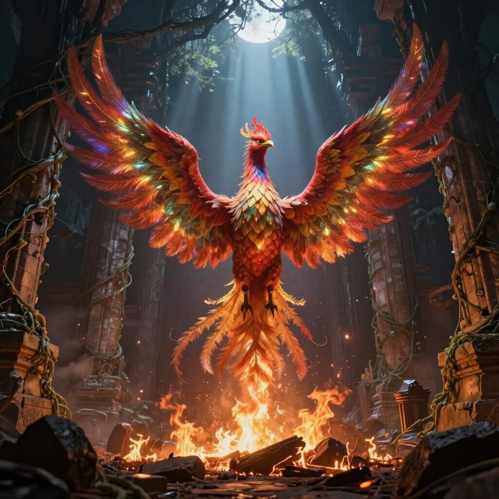 Majestic Phoenix Rises in Ancient Temple