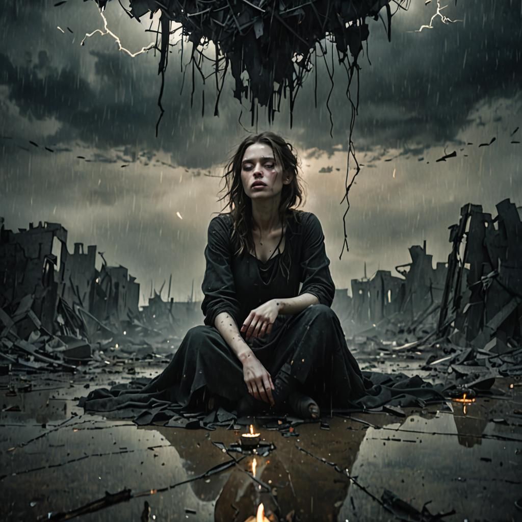 Dark Surrealism: Defeated Woman in Shattered Remains