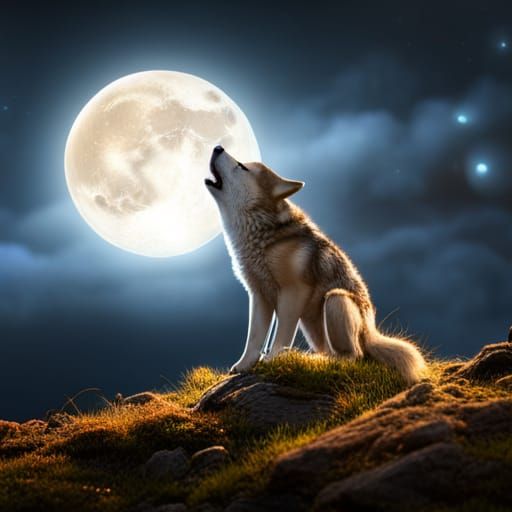 Glittery Wolf Cub Howling at Moon, Digital Art