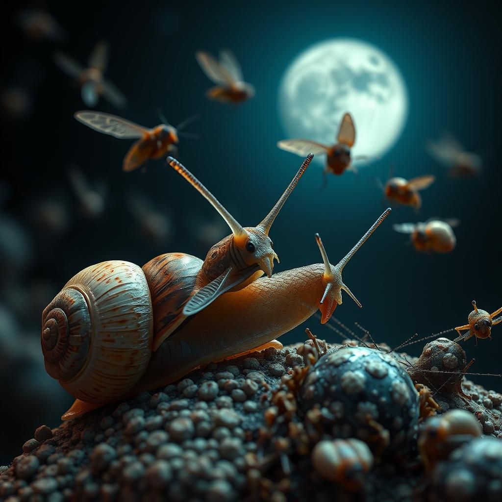 Surreal Microscopic Flying Snails in 3D Anime Style