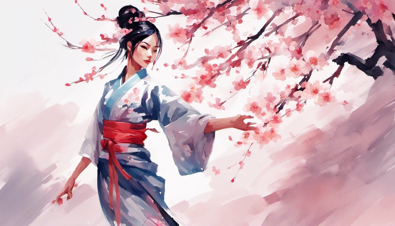 Cherry Blossom Garden with East Asian Woman