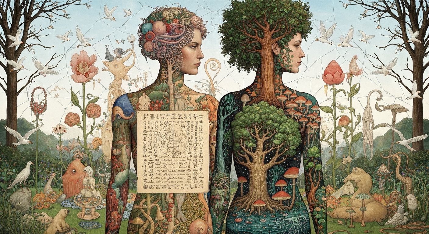 Surreal Garden Party Connecting Humanity and Cosmos