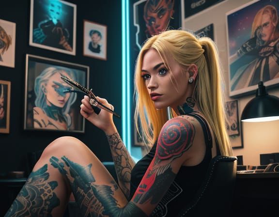 Epic Tattoo Studio Scene with Neon Lights and Tattoo Art