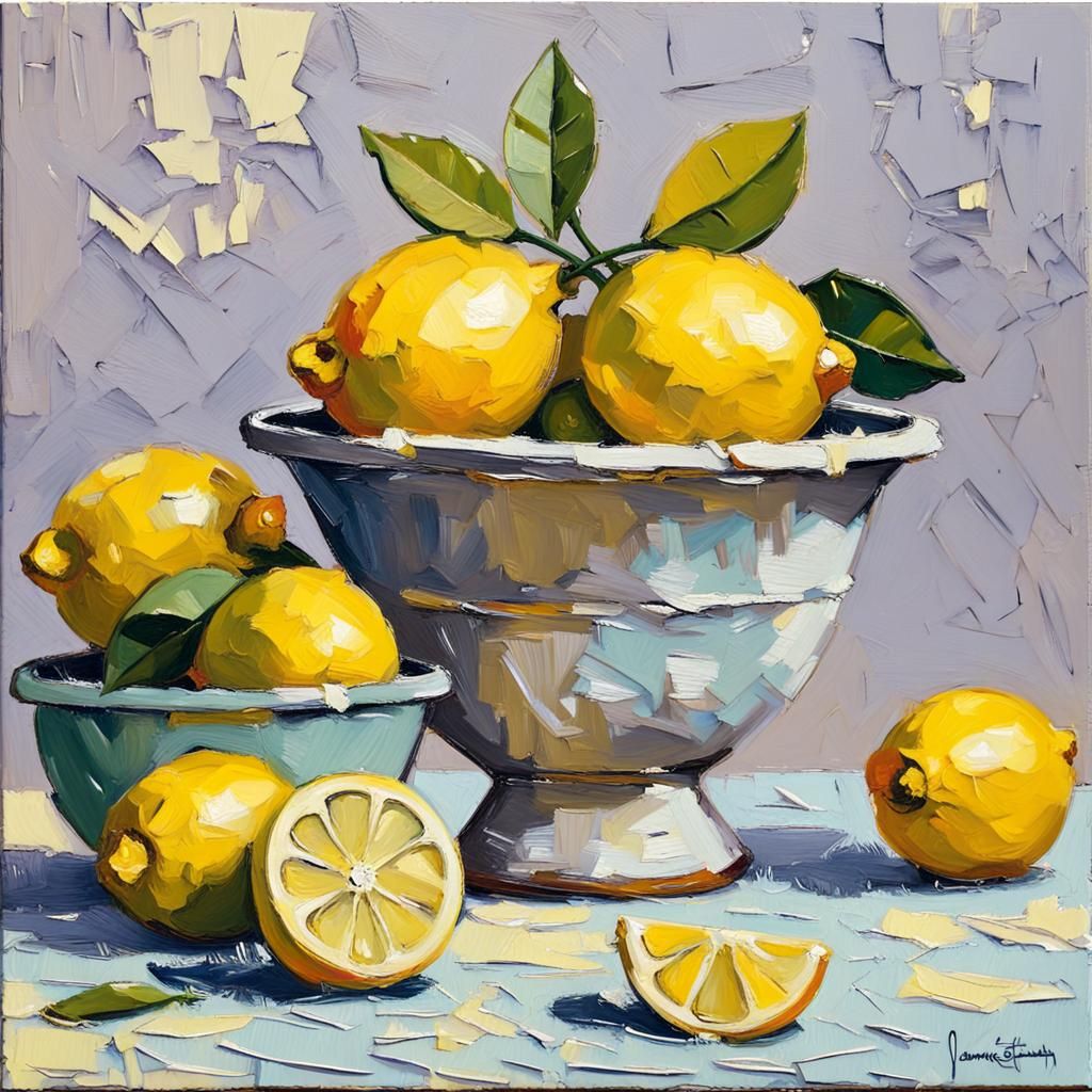 Lemons Still Life with Impasto Palette Knife Texture