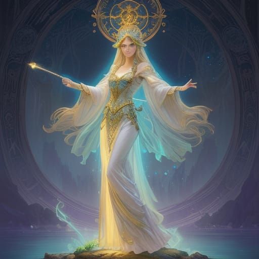Elven Queen on Floating Island in Art Nouveau Style