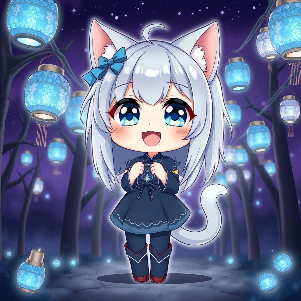 Chibi Anime Catgirl Enjoys Magical Nighttime Scene