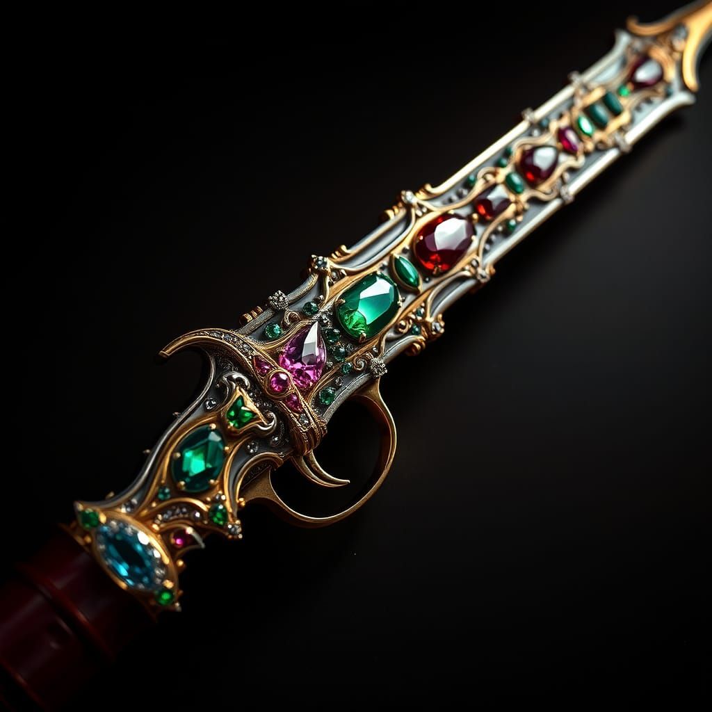 Gem-Encrusted Gunblade in Hyperrealistic Cinematic Style