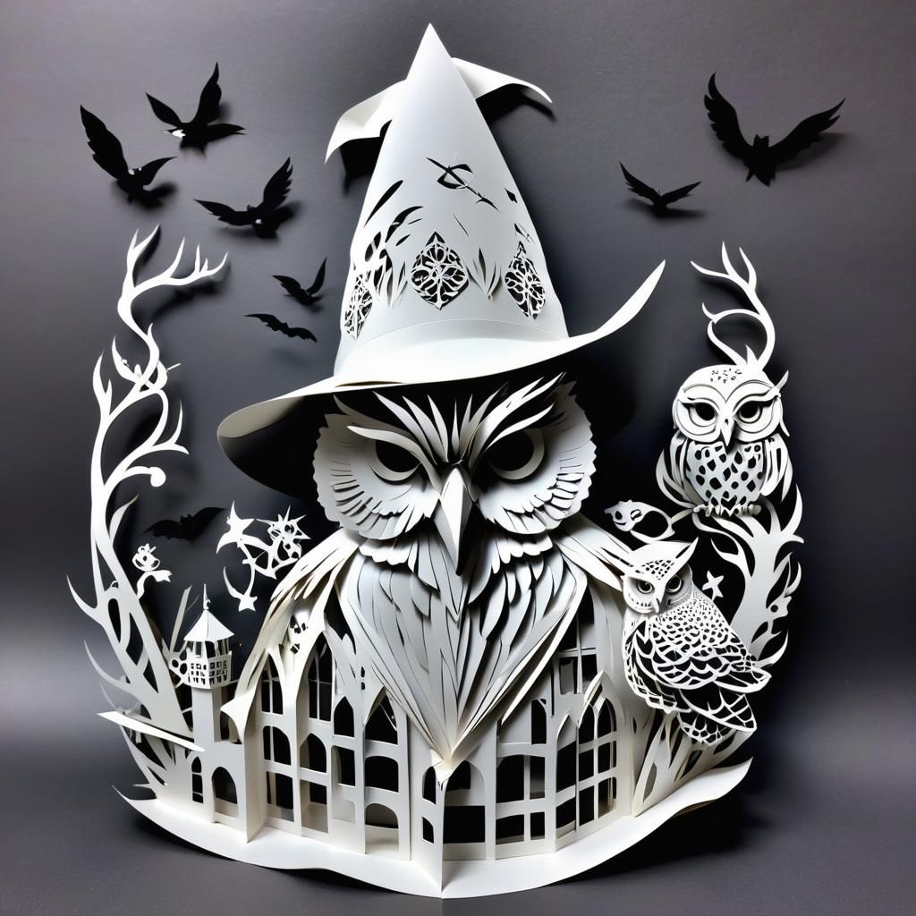 Kirigami Black and White Fantasy Scene with Owl
