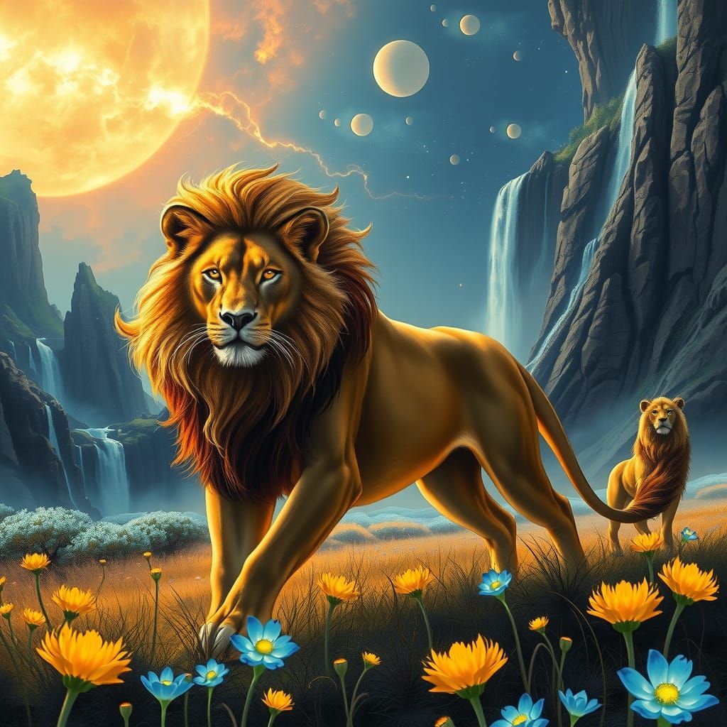 Regal Lioness Embarks on Heroic Quest in a Field of Glowing ...