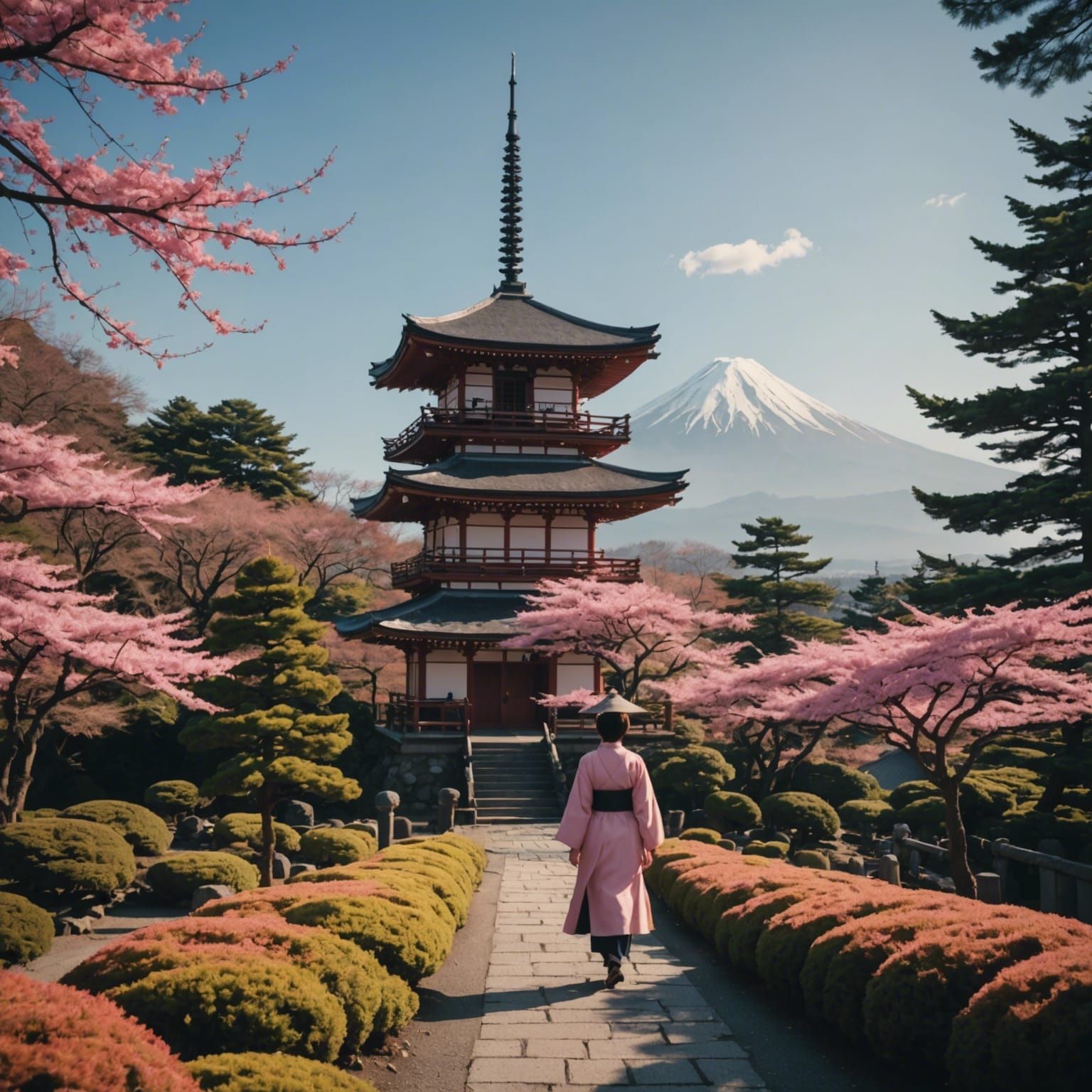 Japanese Garden with Pagoda and Mt. Fuji