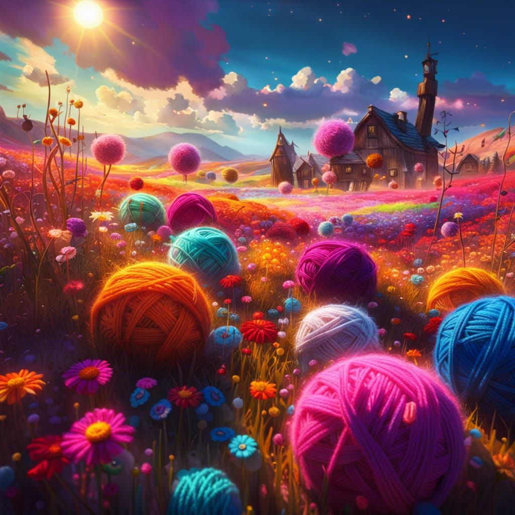 Magical Yarn Flower Field in Detailed Digital Art