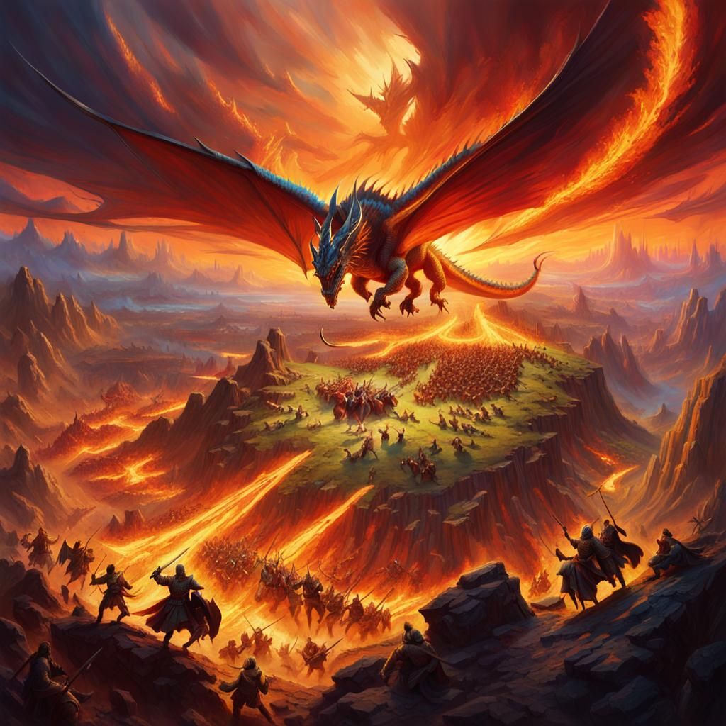 Chromatic Dragon Soaring Over Medieval Battlefield as Oil Pa...