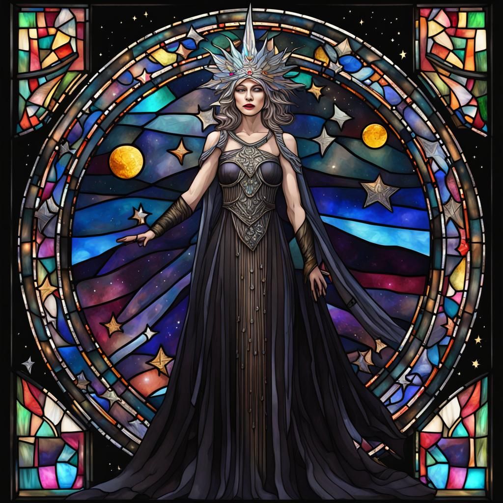 Stained Glass Depiction of Nyx in Black Night Sky