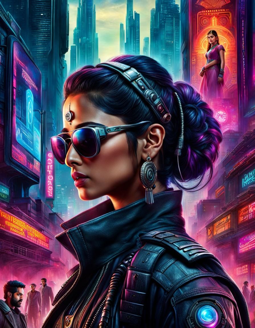 Bollywood Cyberpunk Movie Poster: Vibrant Fantasy Art