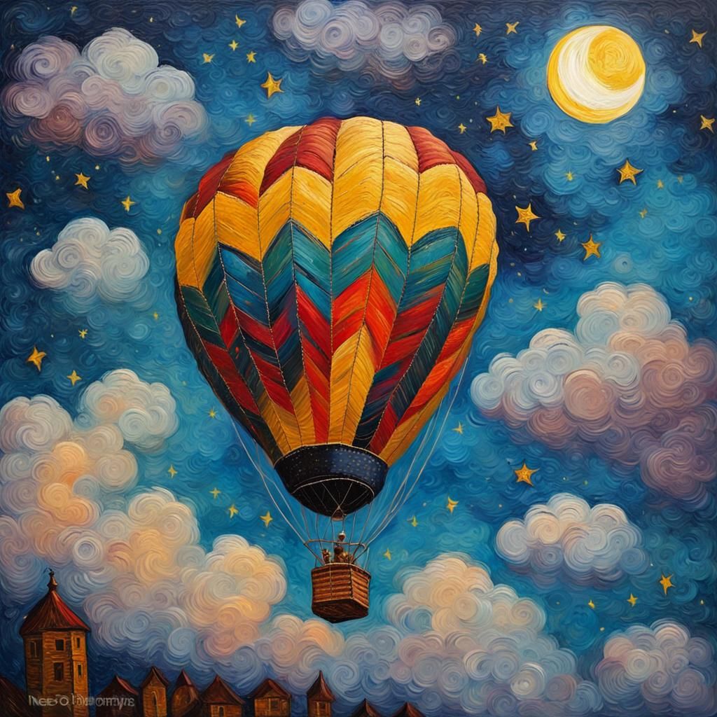 Hot Air Balloon in Starry Night, Impasto Oil Painting