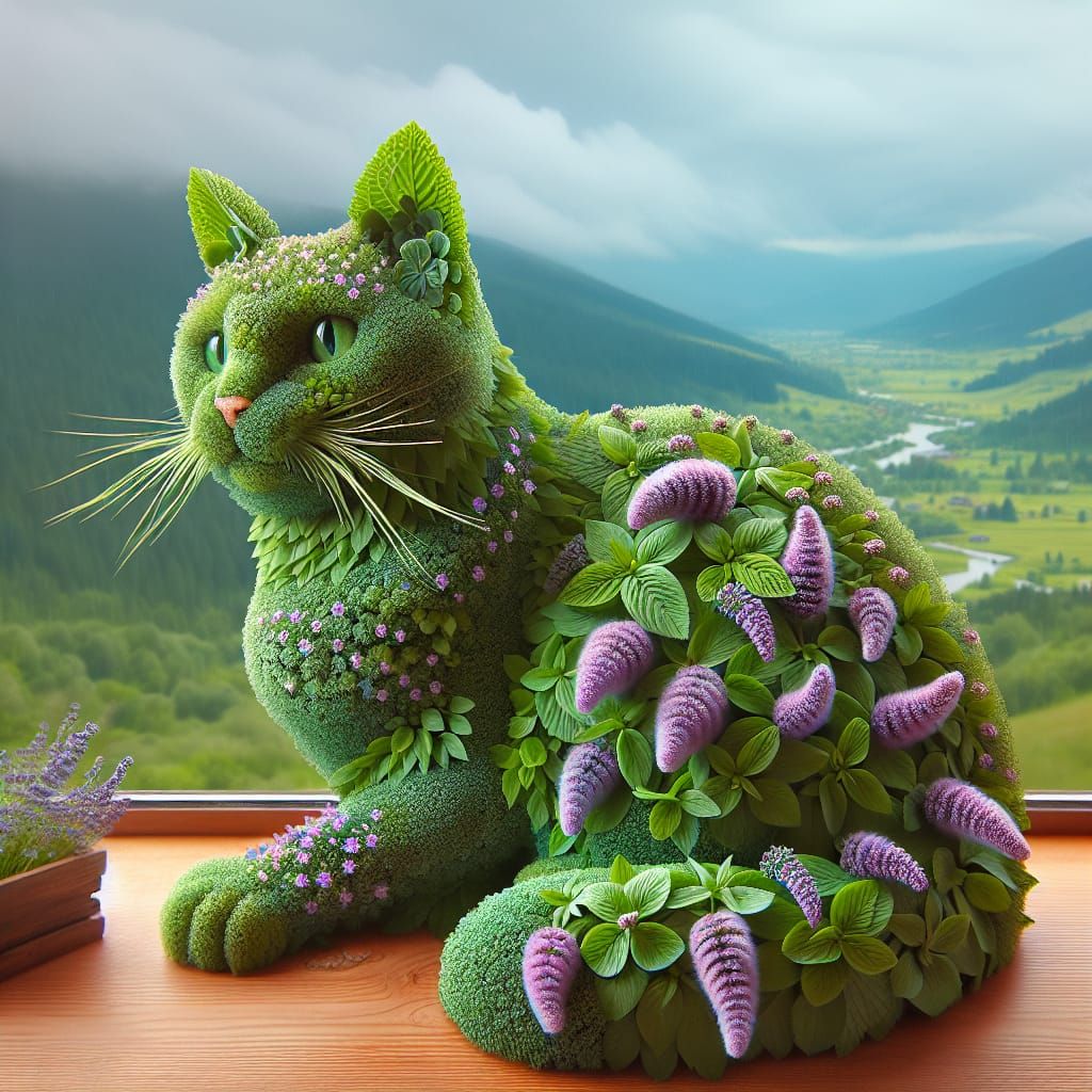 Botanical Catnip Cat Overlooking Valley Horizon