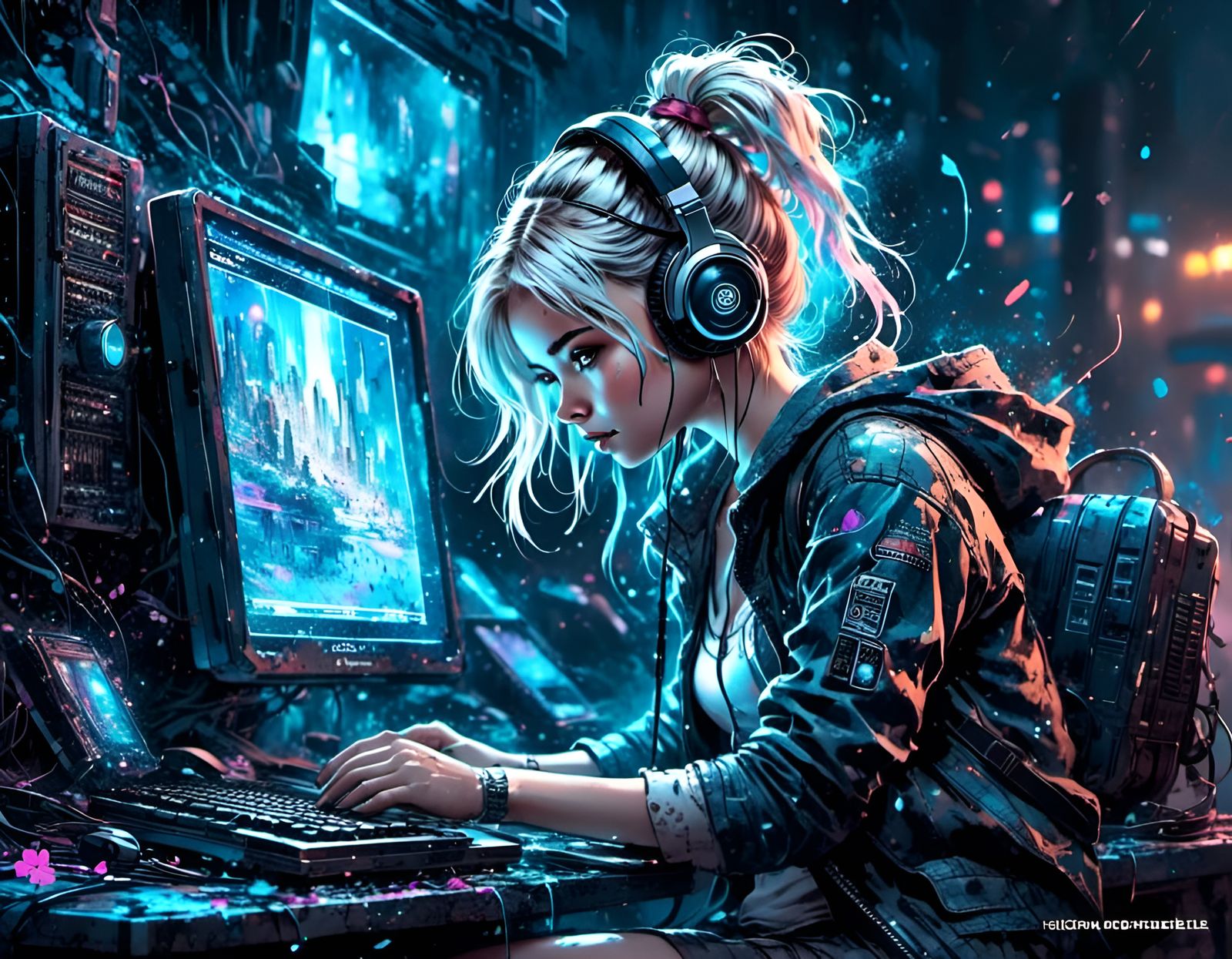 Cyberpunk Girl Customizing Gaming Computer: Linework Art