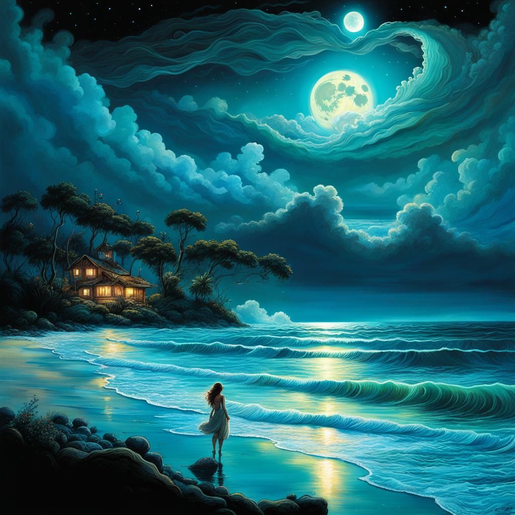 Bioluminescent Waves at Night: A Fantasy Illustration