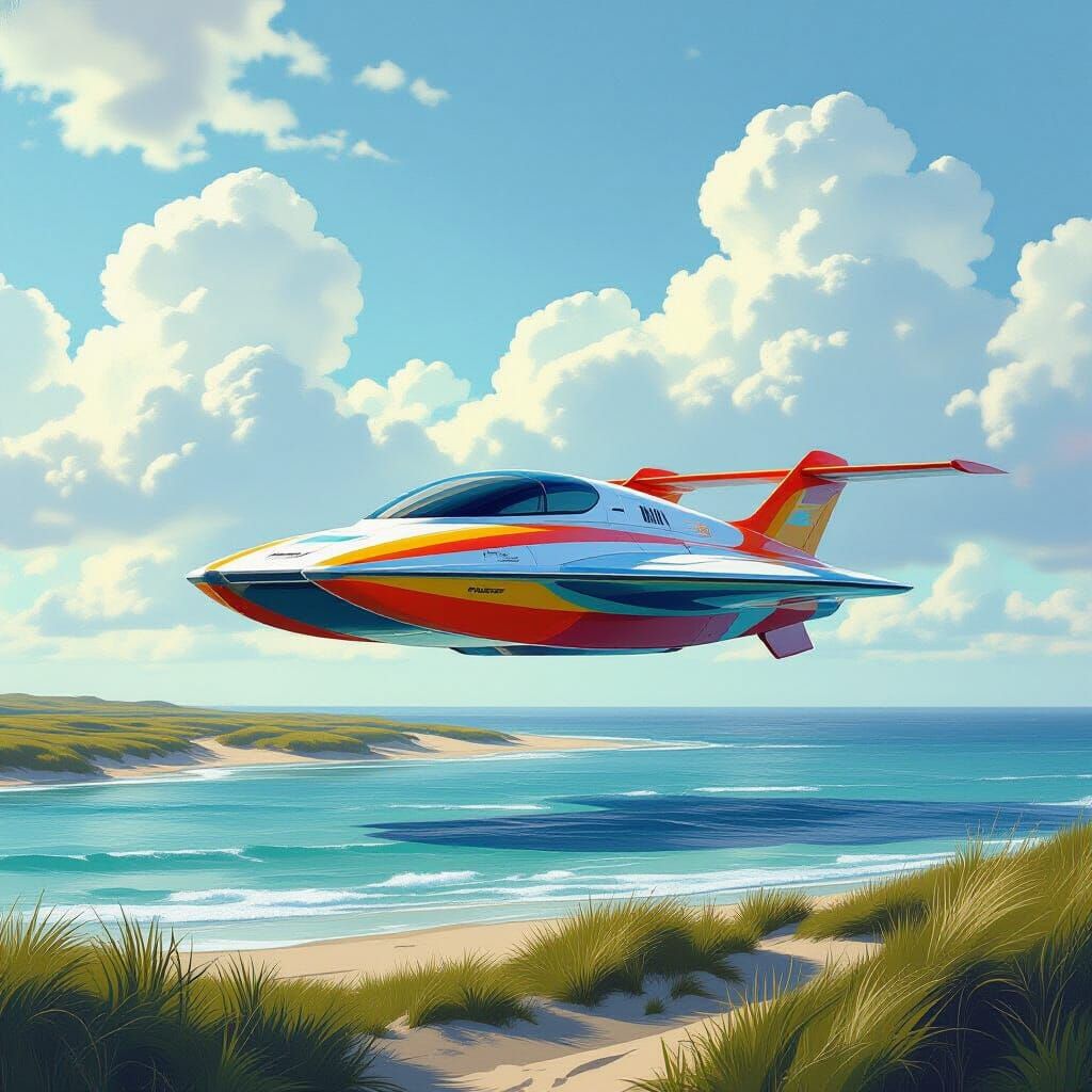 Futuristic Flying Boat Car Over Water