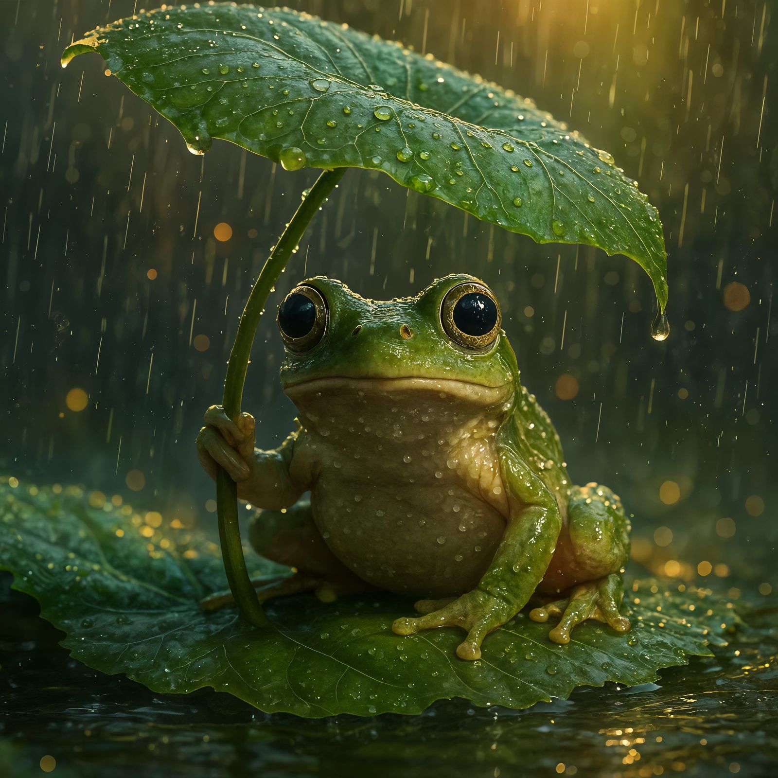 Cute Frog Under Leaf Umbrella in Rainy Night Scene