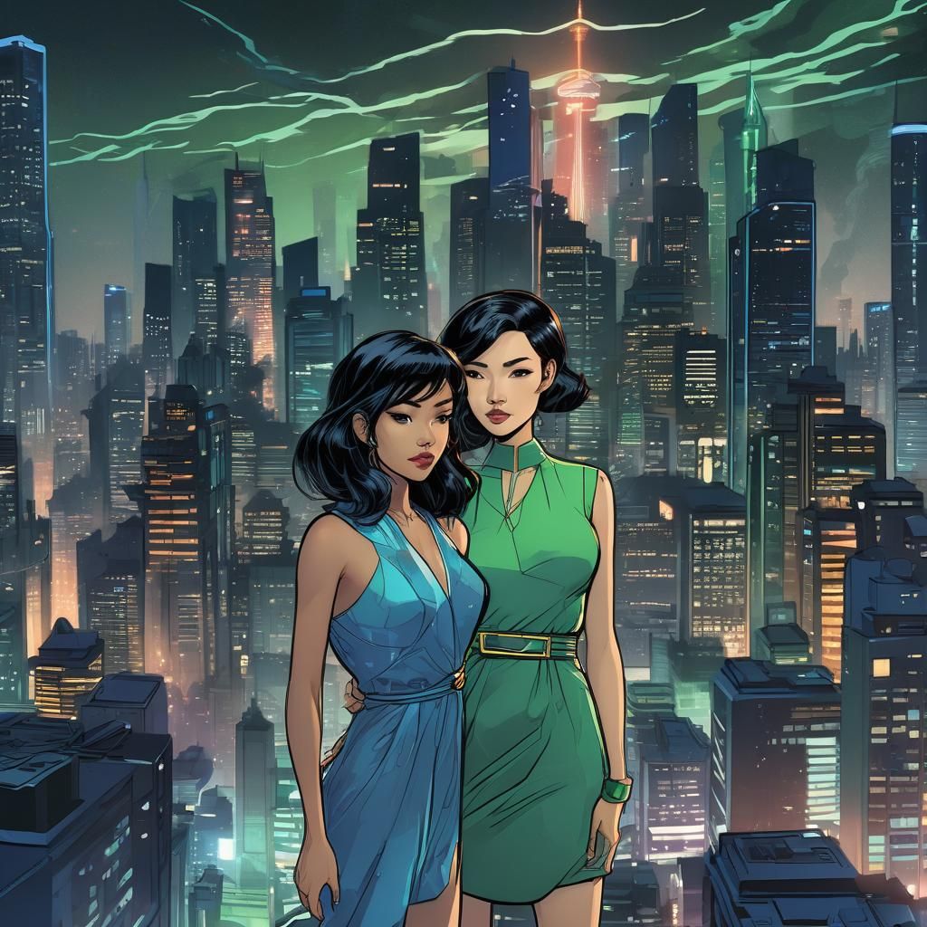 Retro Comic Book Girl in Futuristic Cityscape