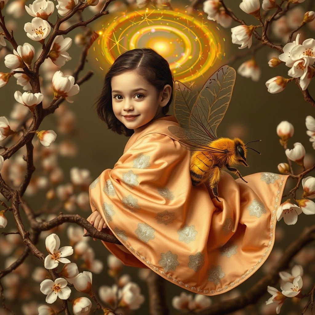 Girl and Majestic Golden Bee in Dreamlike Bloom