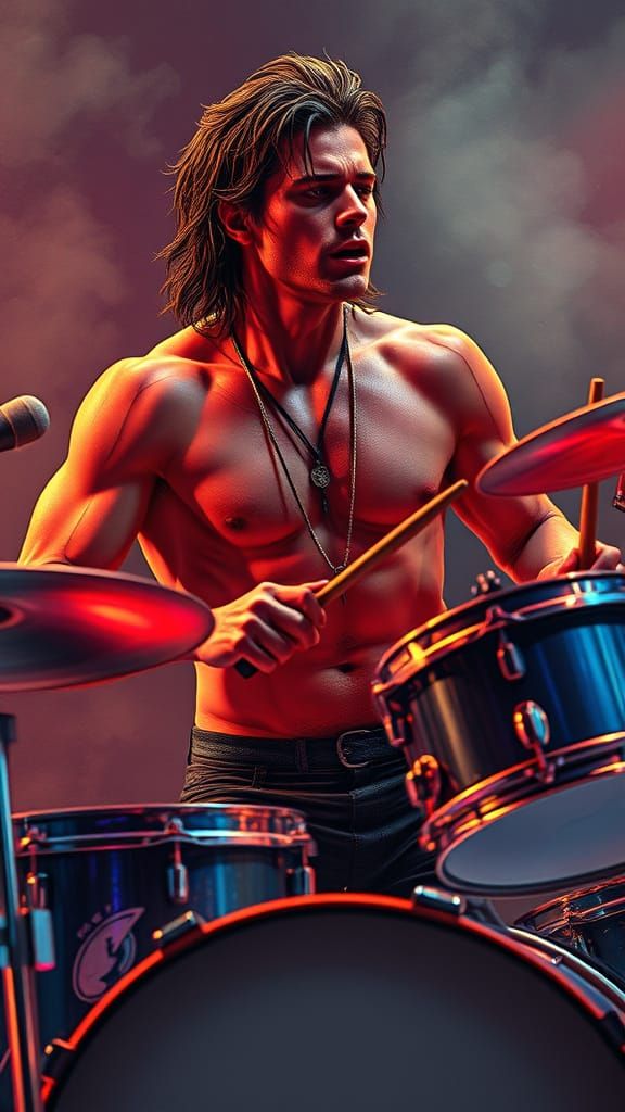 Muscular Handsome Wet with Sweat Male Drummer without a Shir...
