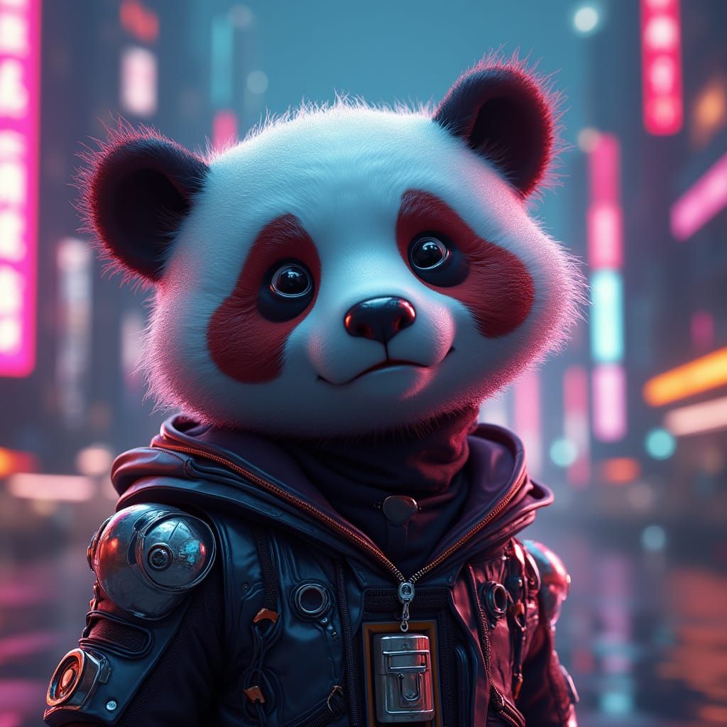 Cyborg Panda in Futuristic Cityscape