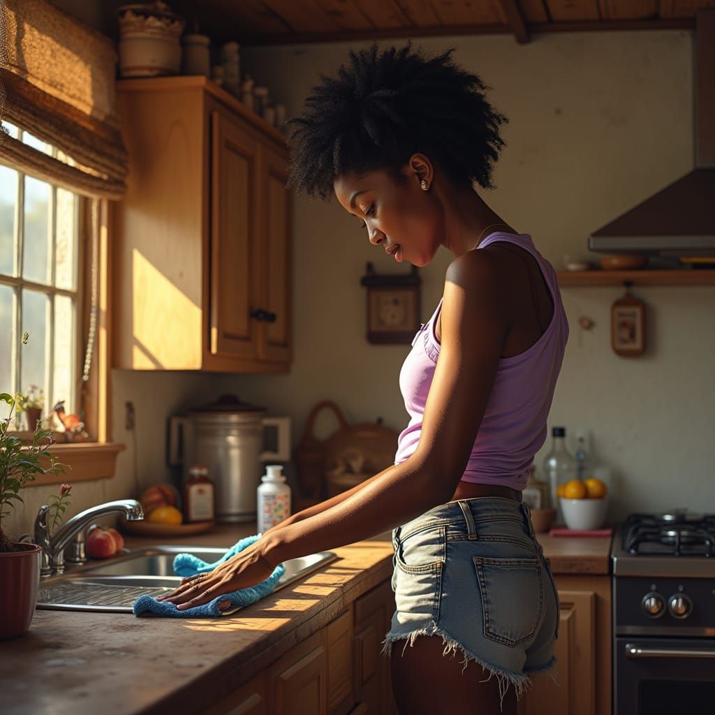African-American Woman Cleans Kitchen in Hyperrealistic Digi...