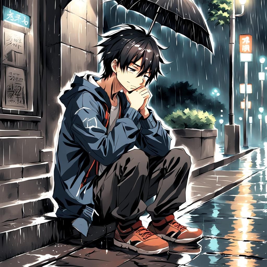 Sad Anime Boy in Rainy Street Scene