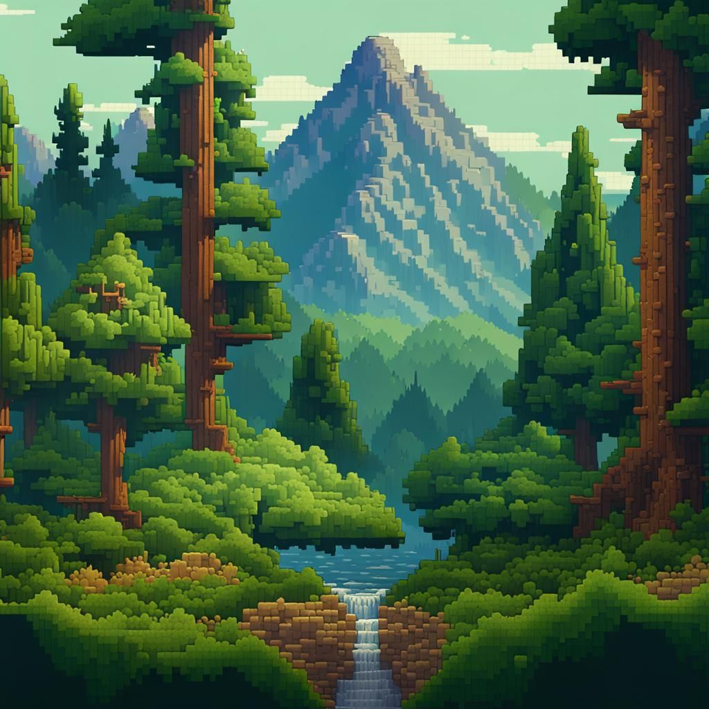 Pixel Art: Peaceful Forest with Mountain Backdrop