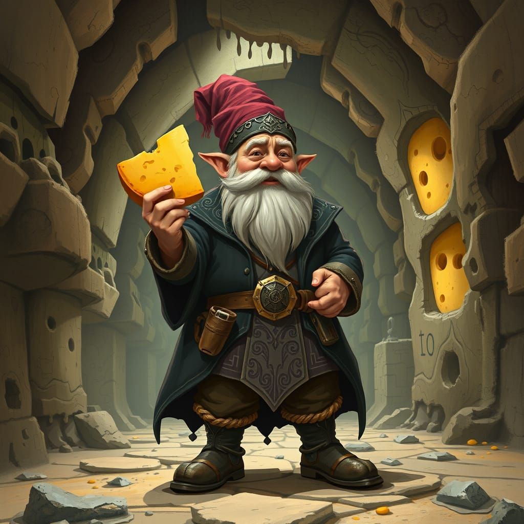 Dwarf Cheese Mine in Dystopian Fantasy Style