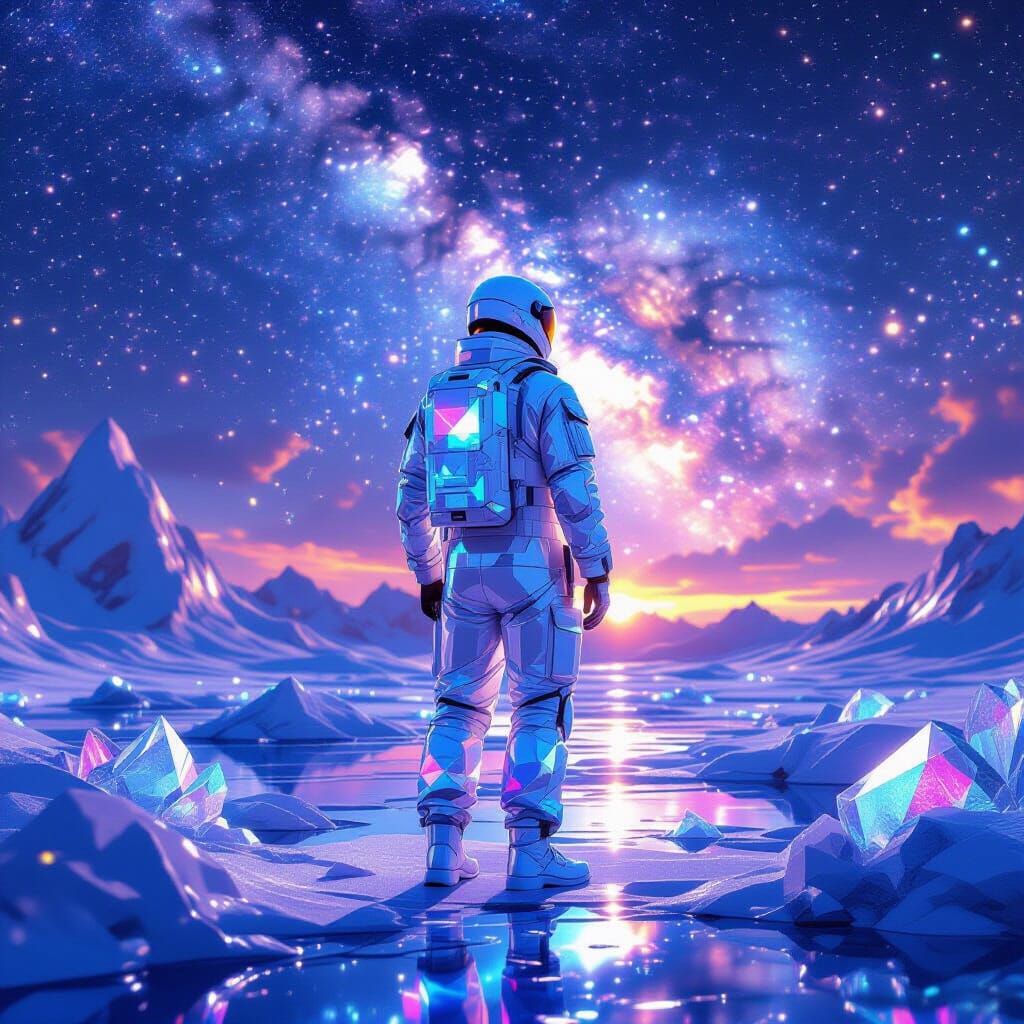 Soldier in Crystal Uniform Under Nebula Sky