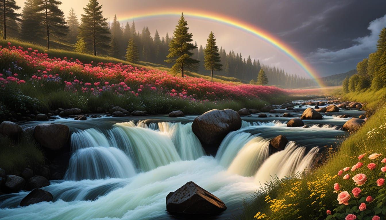 Radiant Roses by a Rushing River with Rainbow