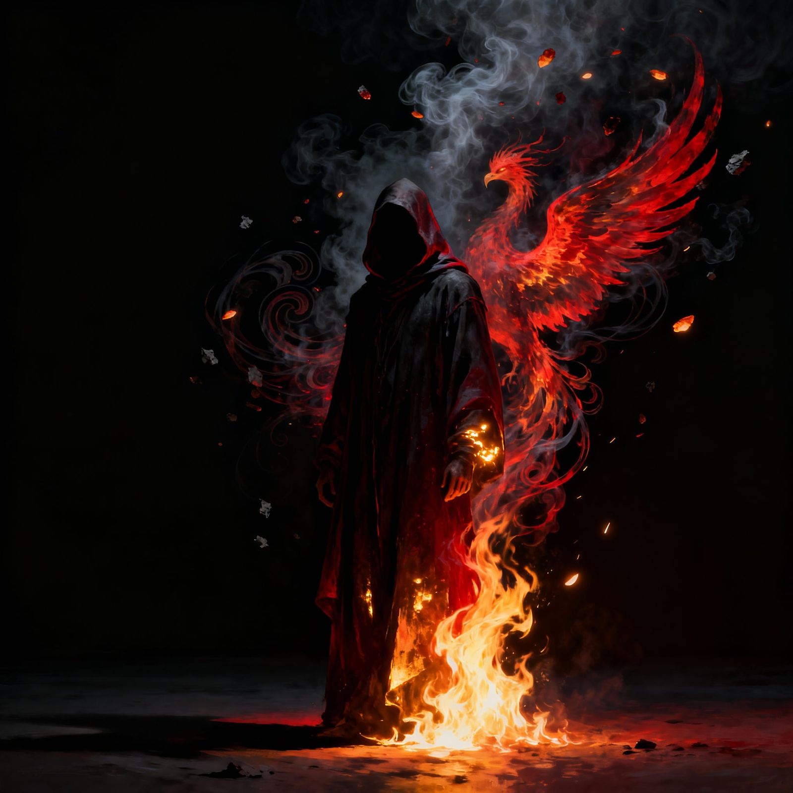 Mysterious Hooded Figure in Flames: A Digital Painting