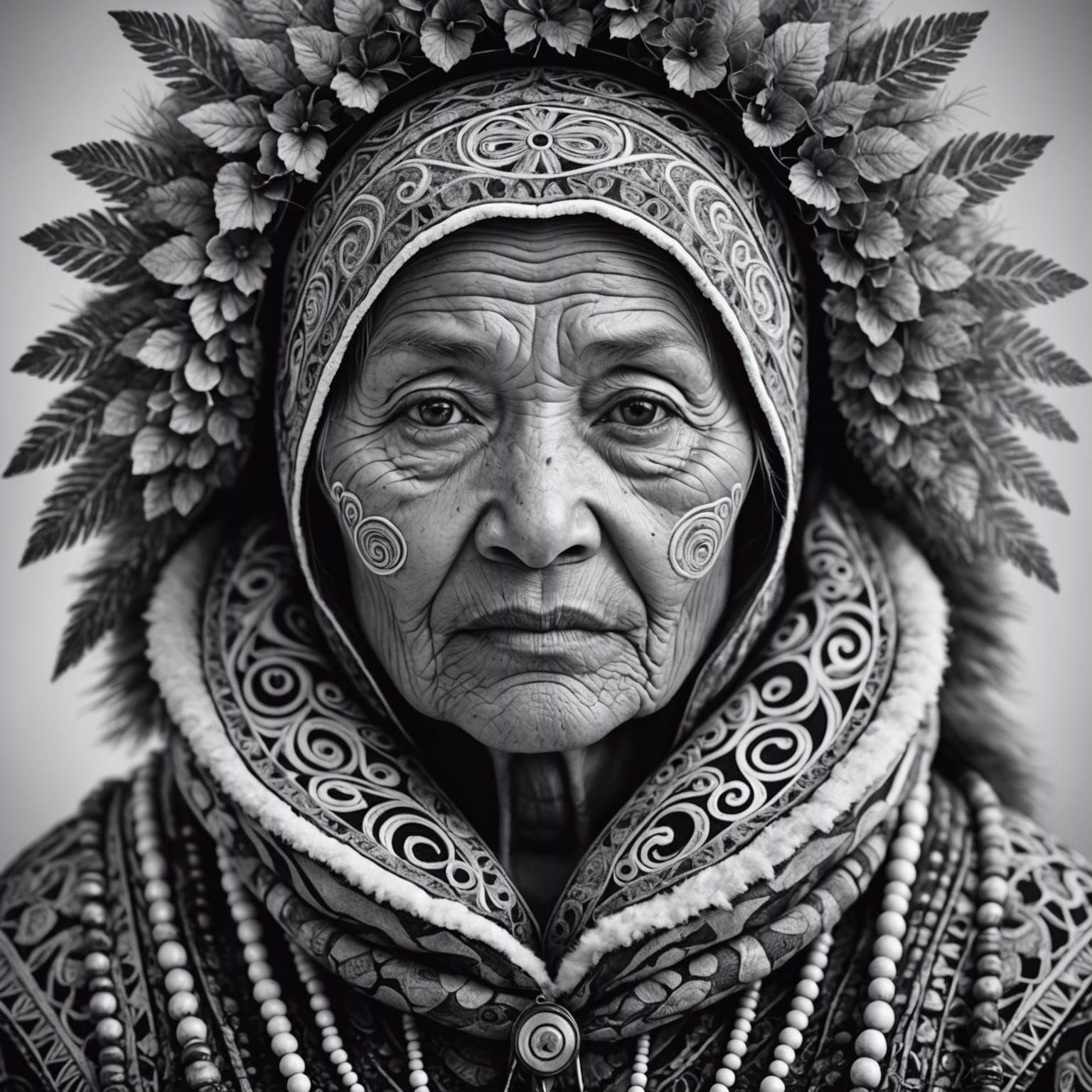 Detailed Black and White Portrait of Inuit Woman