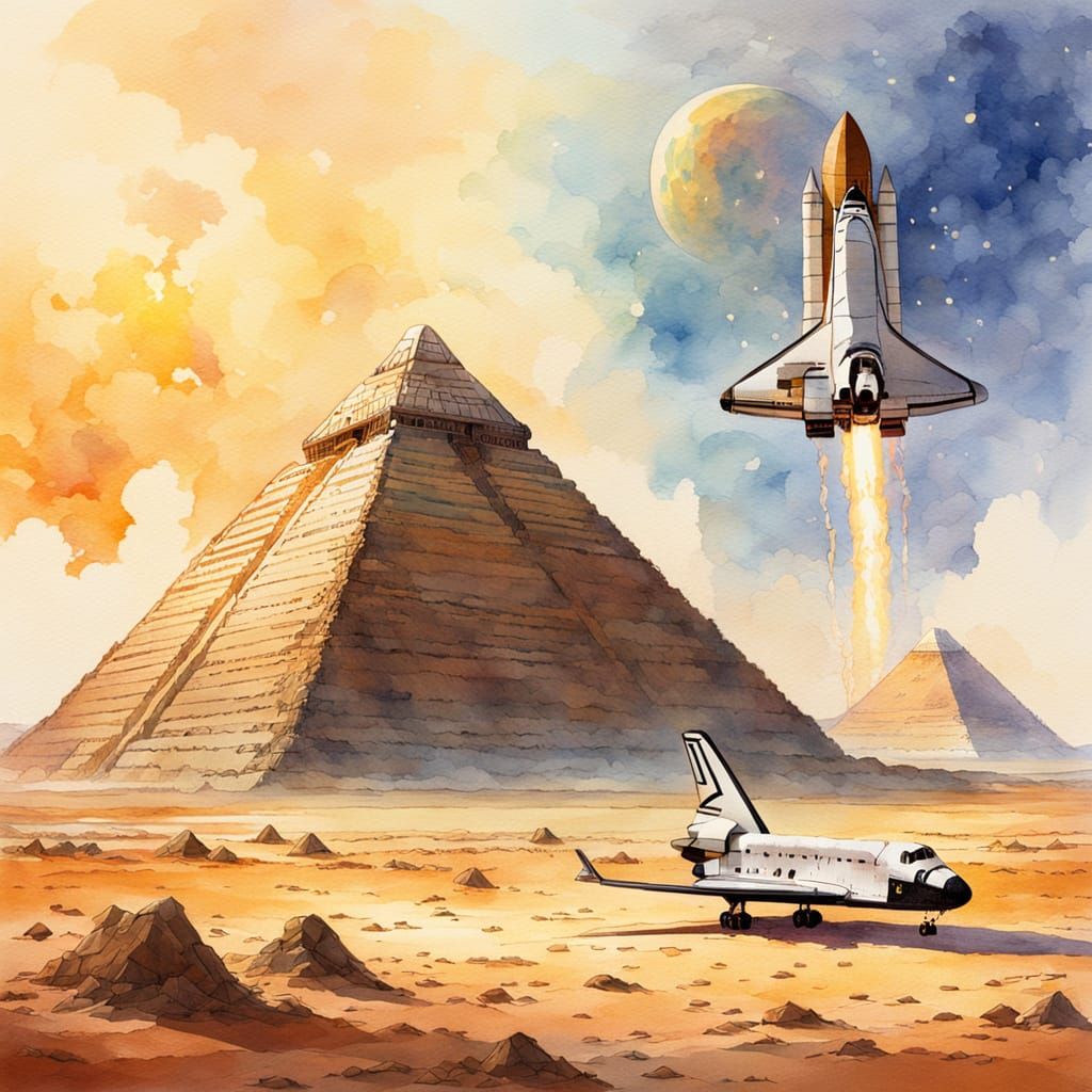 Space Shuttle Lands by Ancient Pyramid in Watercolor Style