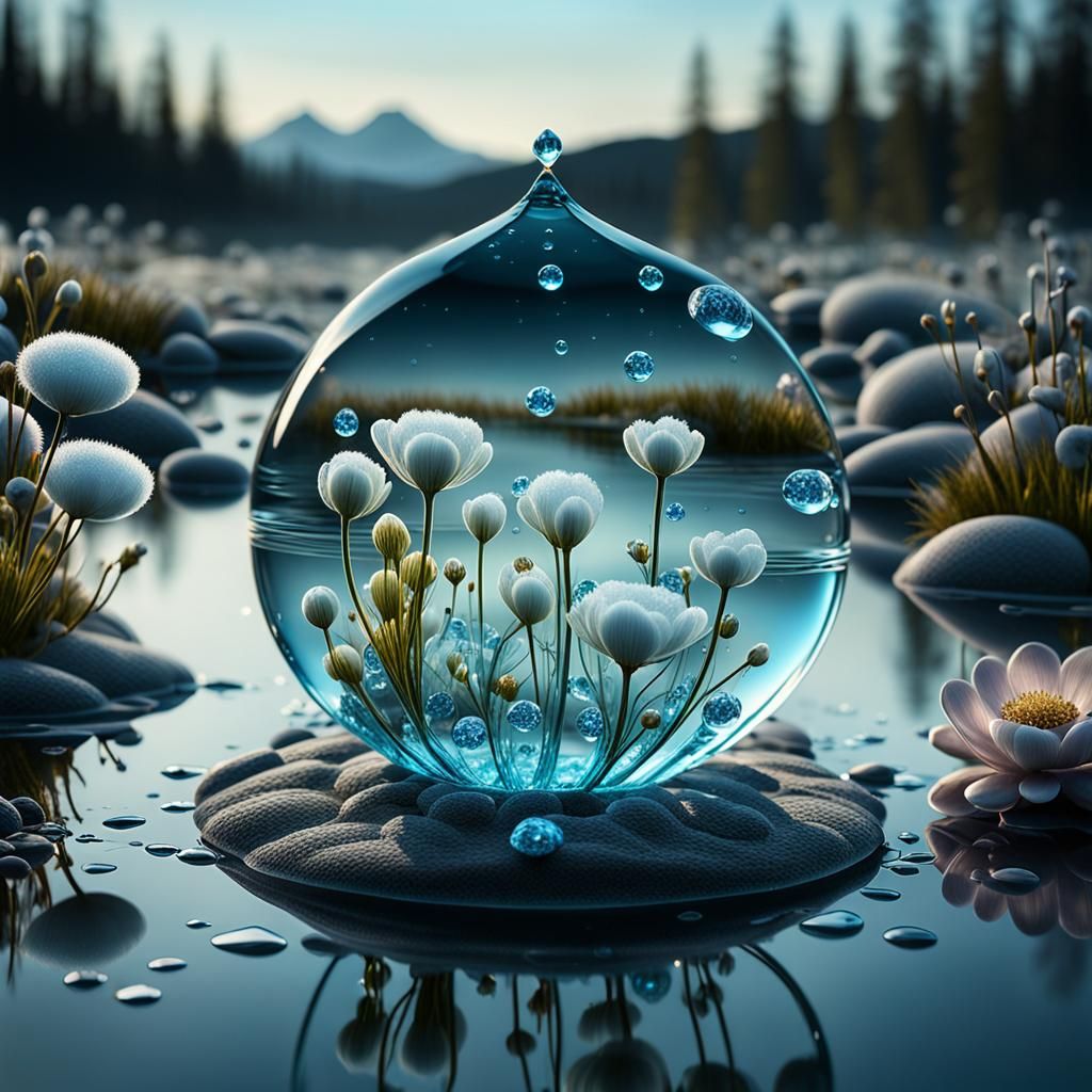 Bioluminescent Water Droplet Reflecting Cotton Landscape in ...