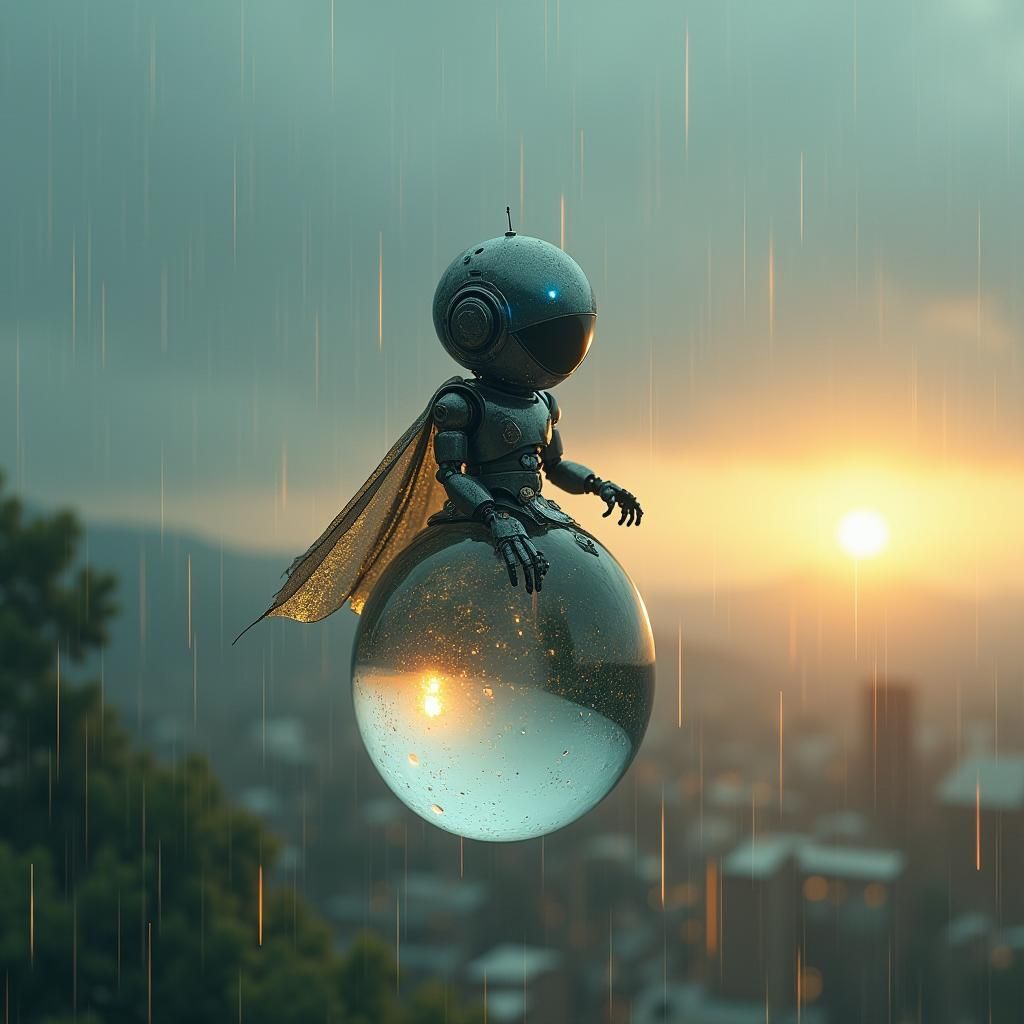 Mini Robot Rides Raindrop in Cinematic Sci-Fi Scene