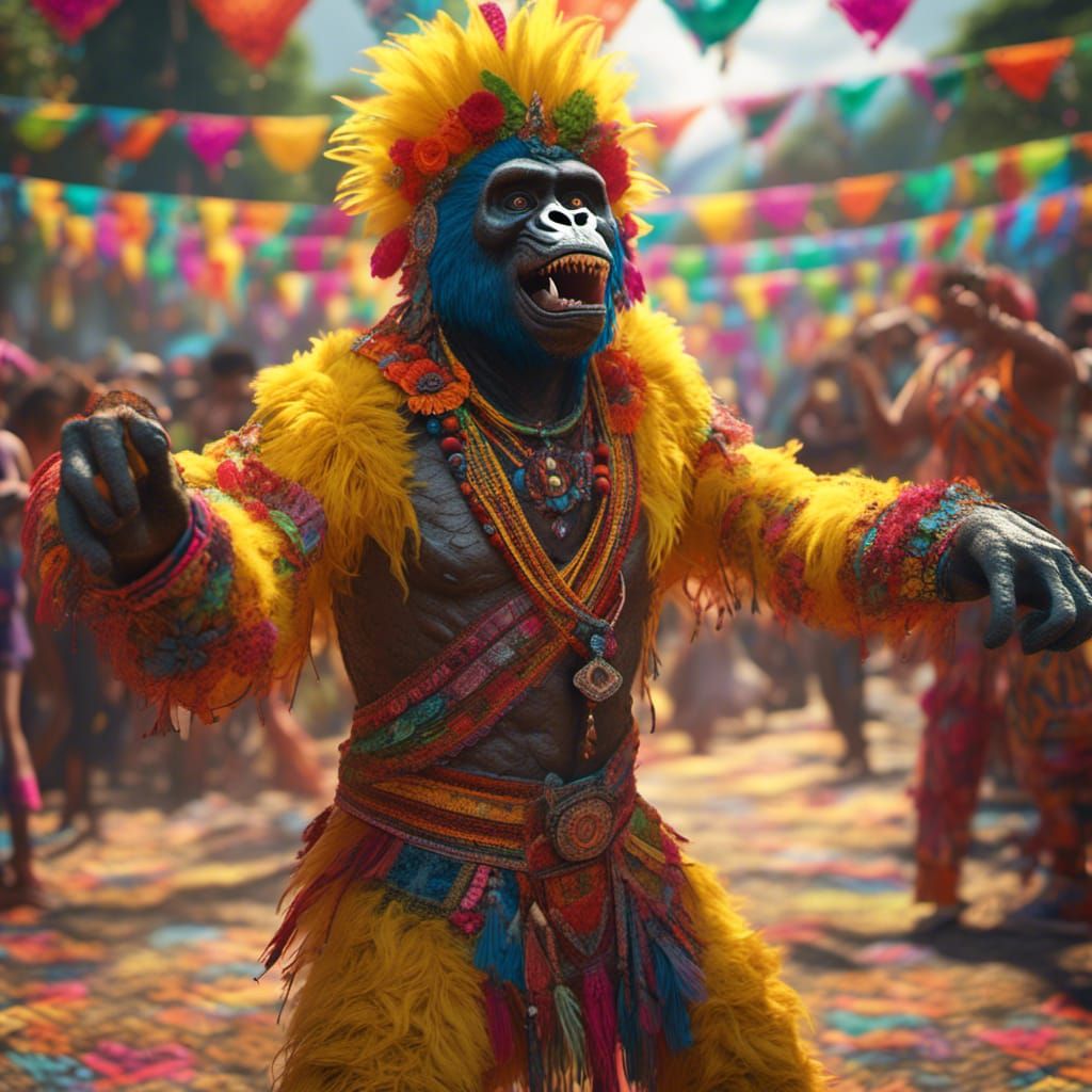 Yellow Gorilla Dances in Colorful Mexican Festival