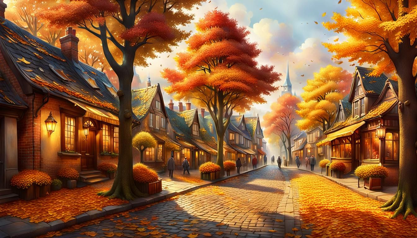 Golden Autumn Street Scene in Old Town