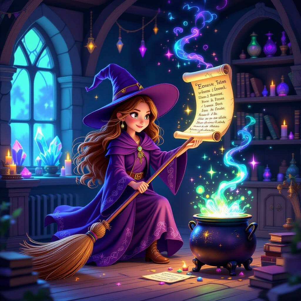 Young Witch Cleans Enchanted Room in Whimsical Fantasy Style