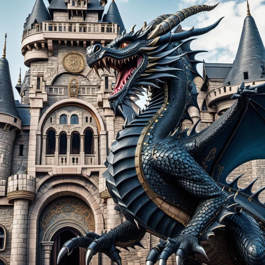 Mechanical Dragon Guarding Castle: Fantasy Illustration