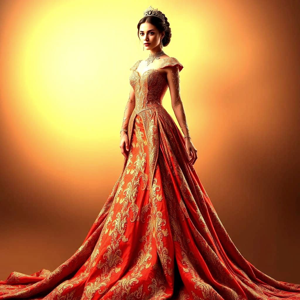 Ethereal Bride in Gold and Red Satin Wedding Gown with Sequi...