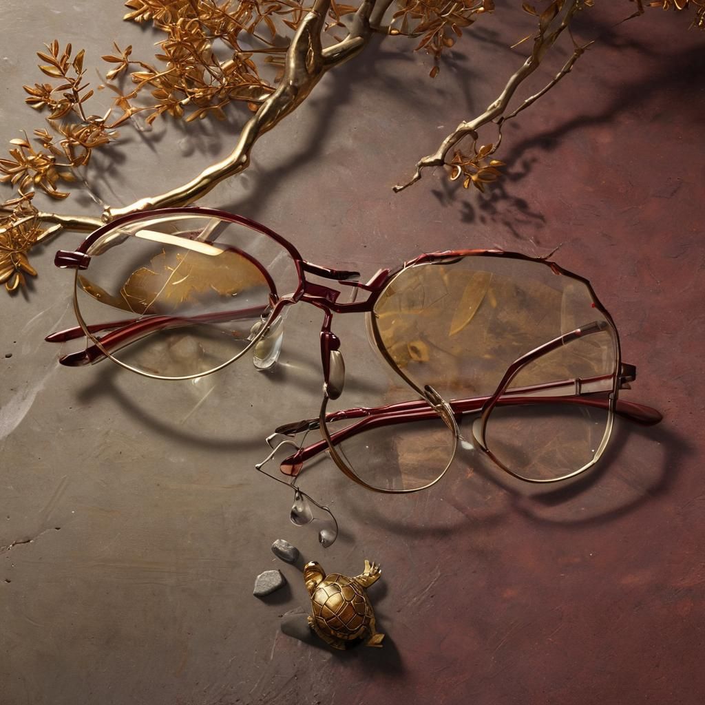 Eyeglasses Falling Near Turtle: Hyperrealistic Concept Art