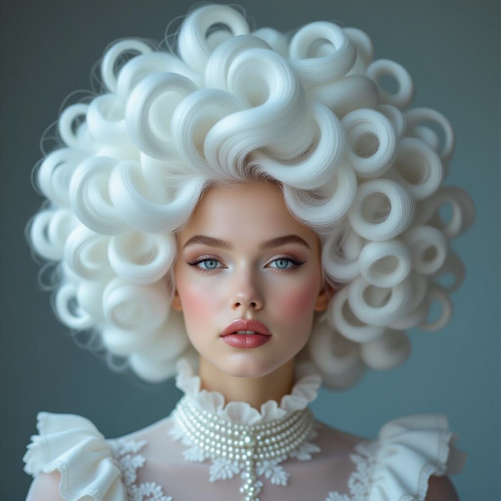 Cloud Crown: Woman with Cloud-like Hair in Dreamy Portrait