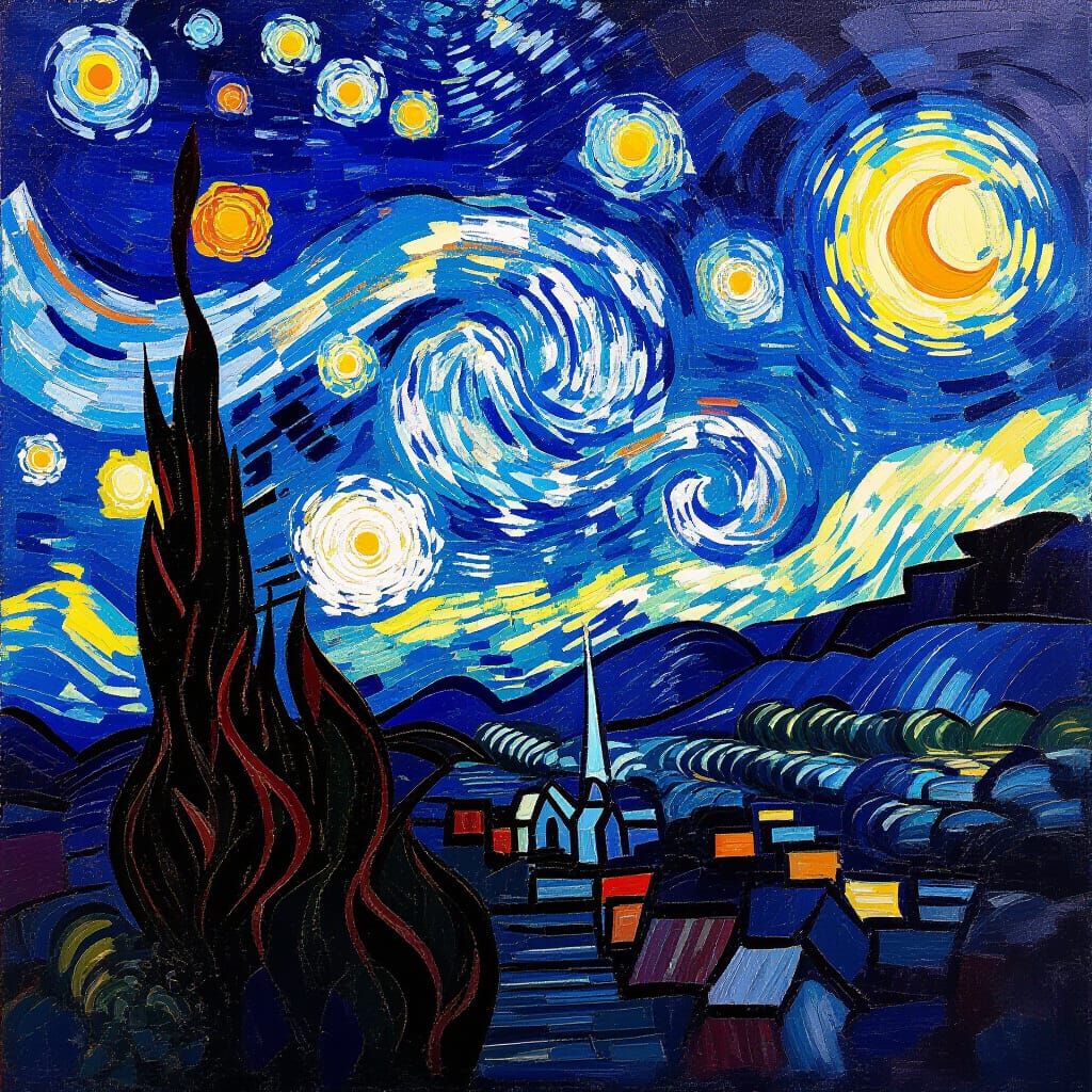 Vivid Starry Night Sky in Neo-Impressionist Style