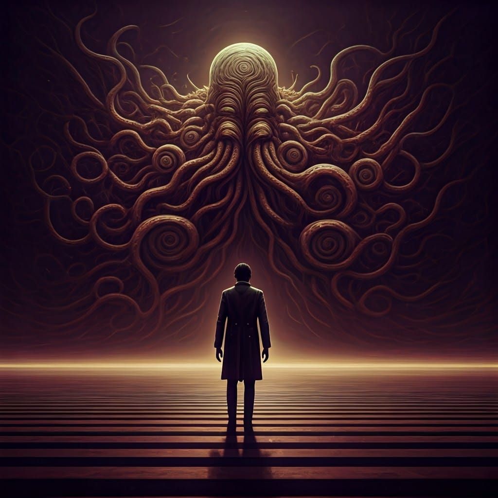Distraught Man Confronts Azathoth in Surreal Horror