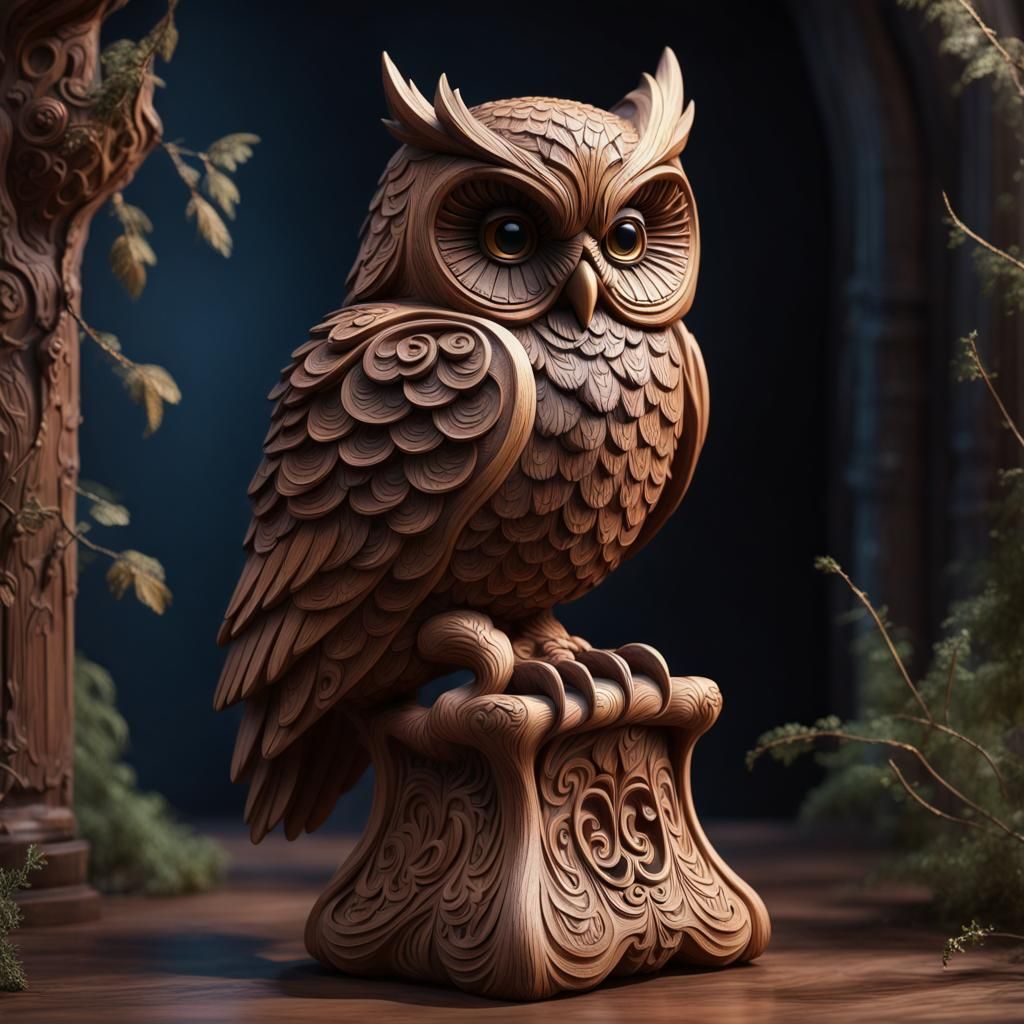 Detailed Wood Carved Owl Statue in Matte Painting Style