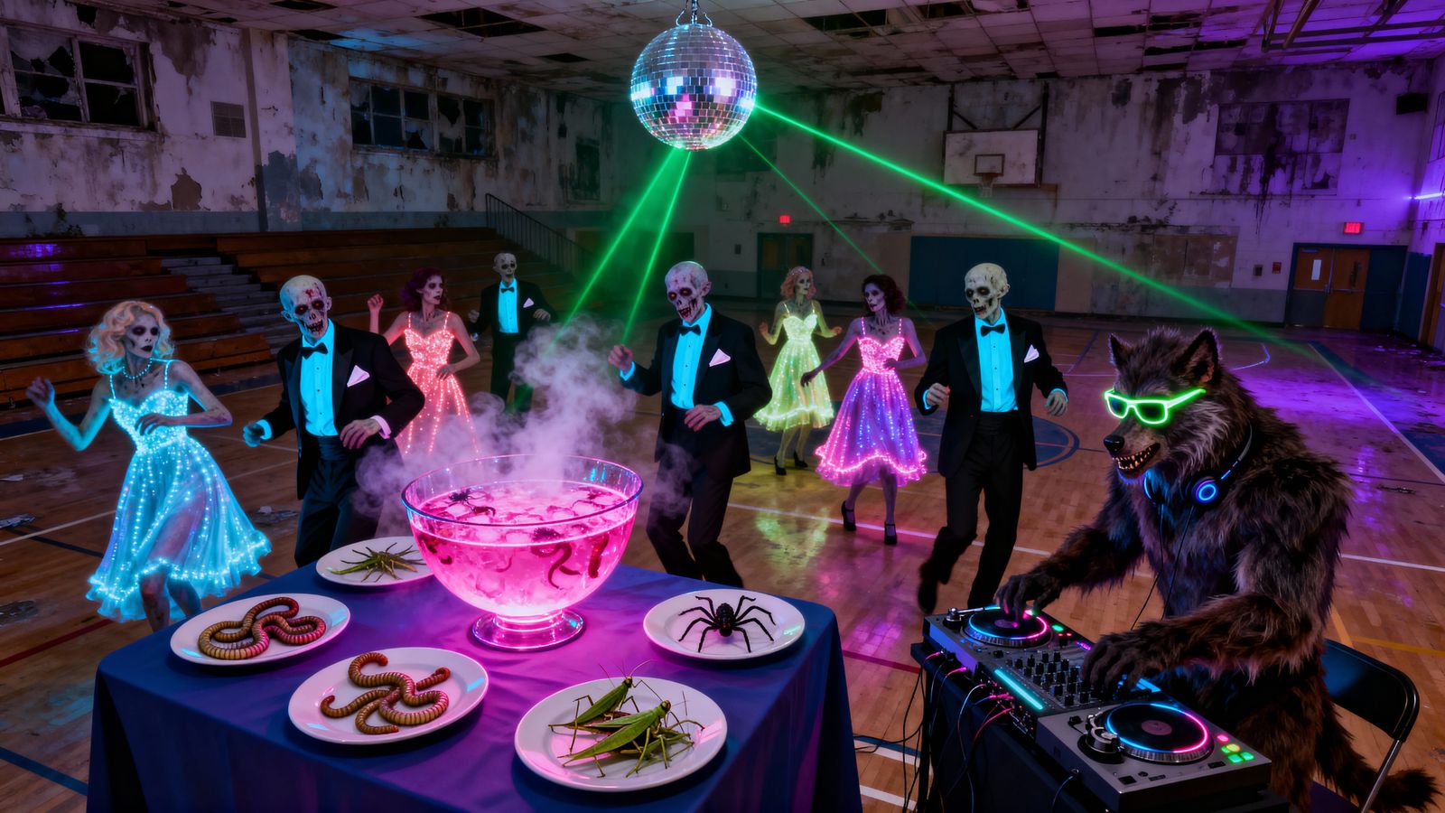 Zombie Prom Rave in Abandoned Gym with Neon Lasers